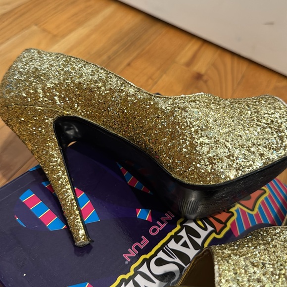 Fun Taisma Gold Glitter Peep-Toe Pump High Heels shoes Sz 9 original box - Picture 7 of 11